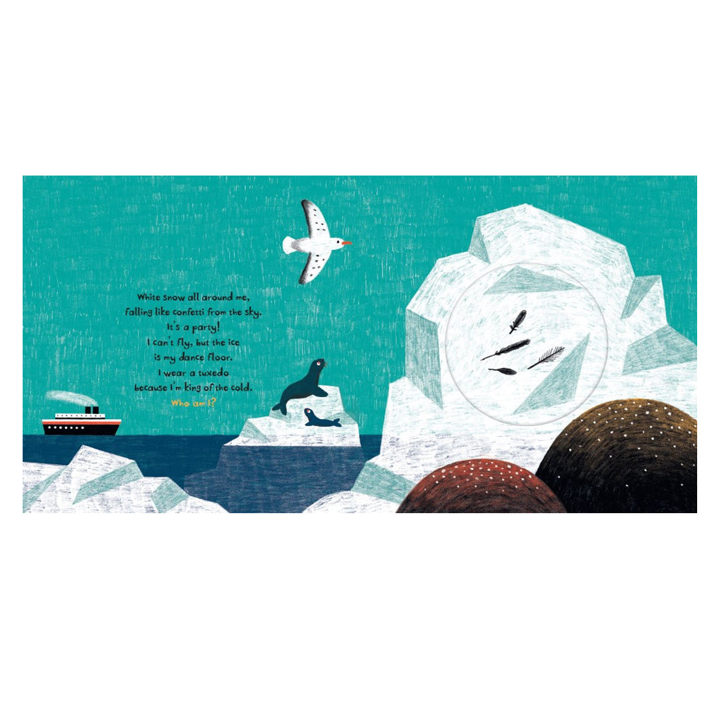 Page layout from Tweet showing seals, bird feathers, ice caps, blue sky and ocean.