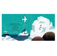 Page layout from Tweet showing seals, bird feathers, ice caps, blue sky and ocean.