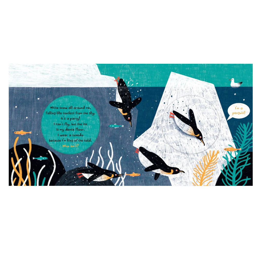Layout page from Tweet showing penguins swimming around icebergs in stylized ocean water, with a speech bubble and a small text box. The artwork uses teal, navy, white, black, orange, and yellow tones.