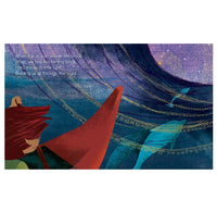 Illustration of a person with a red hooded cloak against a cosmic background with swirling patterns.