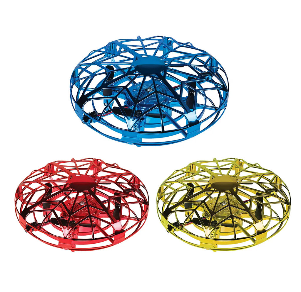 A blue, red, and gold UFO shaped toy on a white background. 