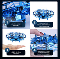 4 steps and accompanying photos are listed to use a blue flying toy. 
