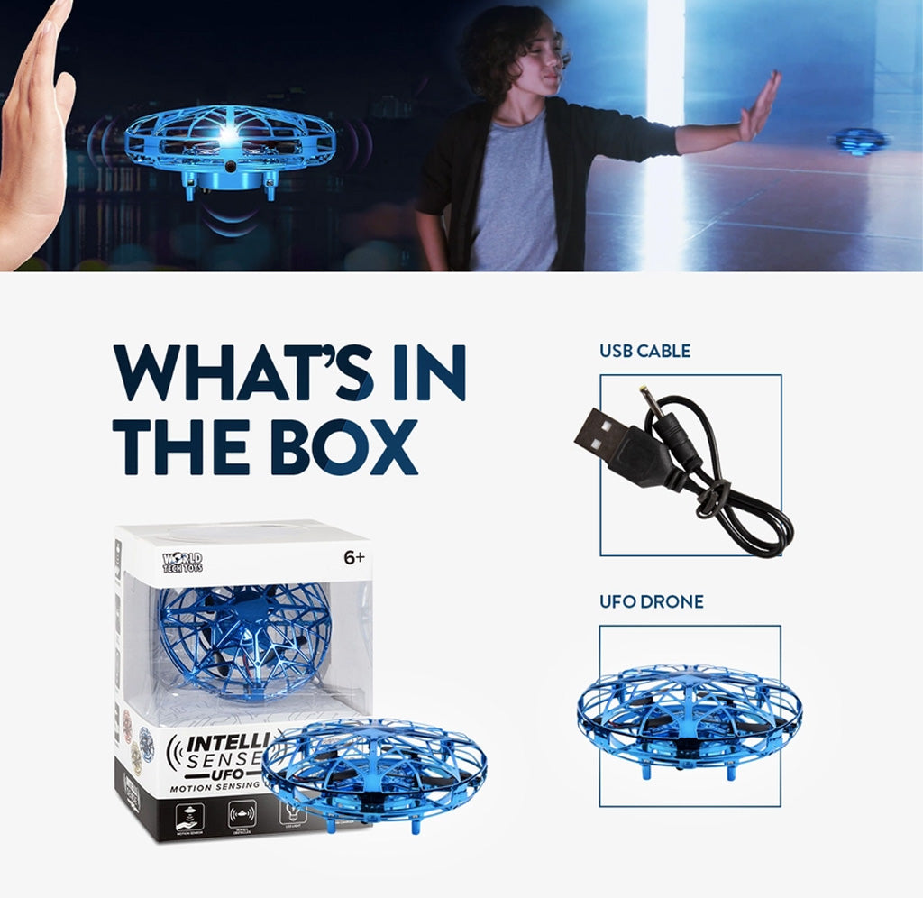 A blue UFO shaped toy, a USB cable, and a packaged toy are on a white background. On the top there is an image of a kid holding their hand out and the blue toy floating in the air. 