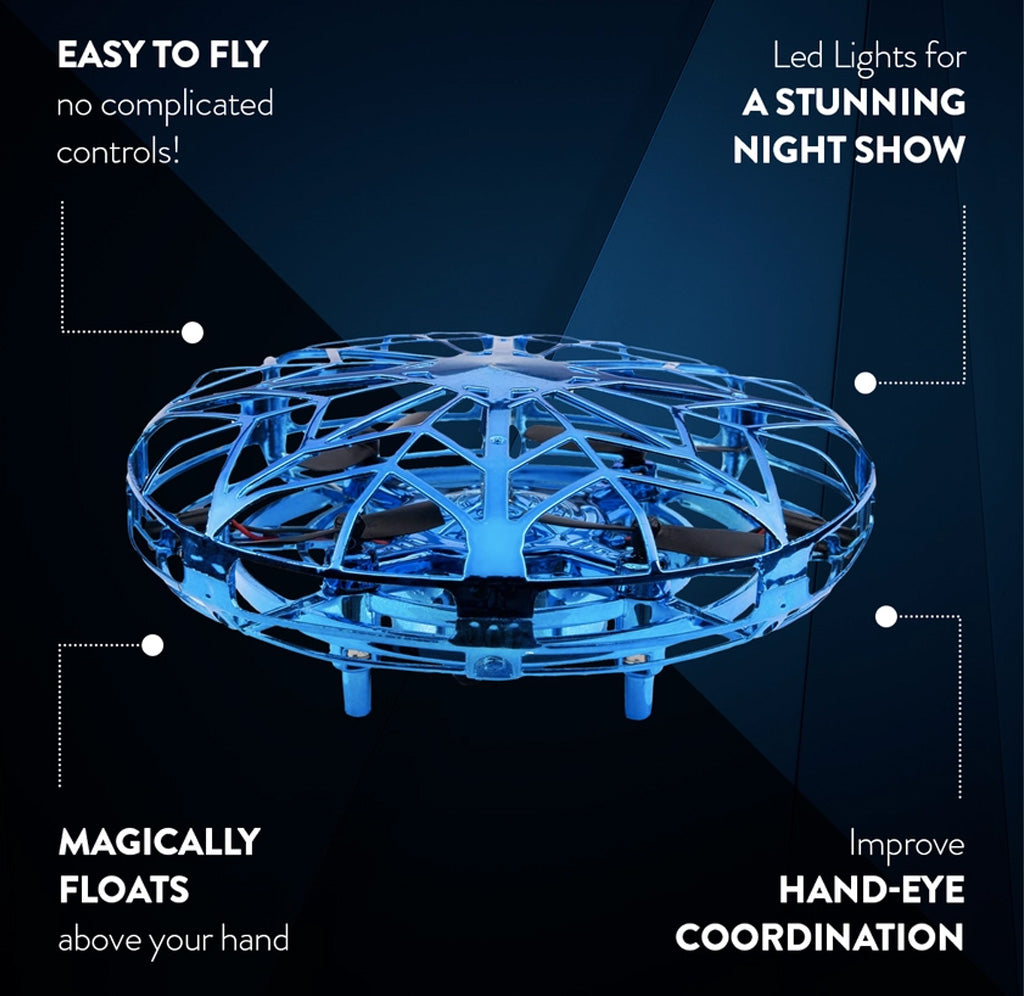 A blue toy on a dark background with various product features written around it. 