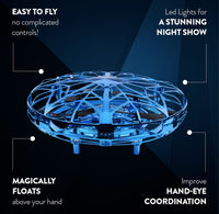 A blue toy on a dark background with various product features written around it. 