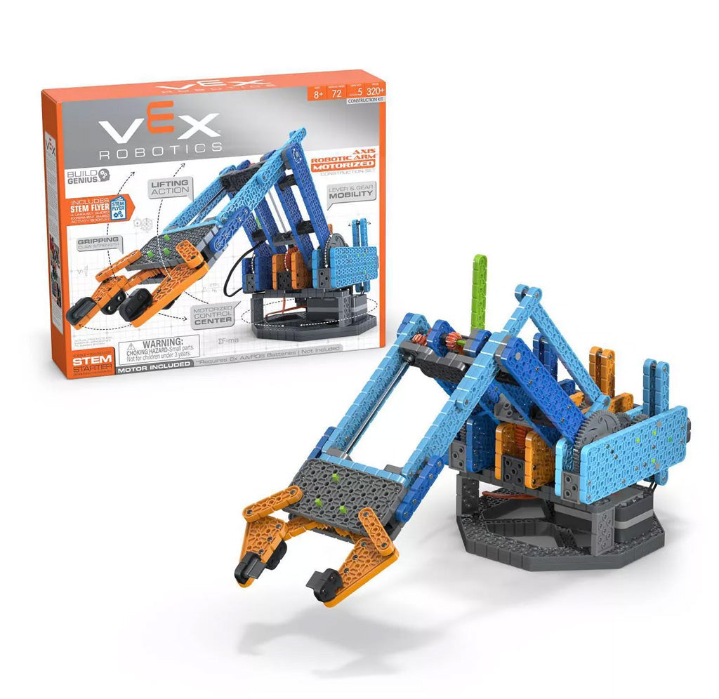 Box and constructed robotic arm made of blue, orange, and grey pieces. 