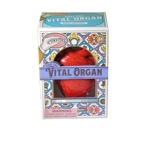 A colorful box containing a red, nearly anatomical heart toy labeled 'Teeny Tiny Vital Organ' with a warning about small parts.