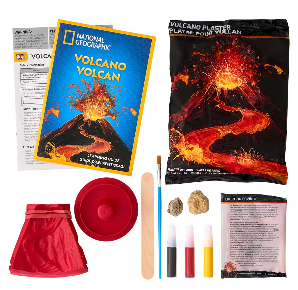 National Geographic volcano kit with components on a white background

