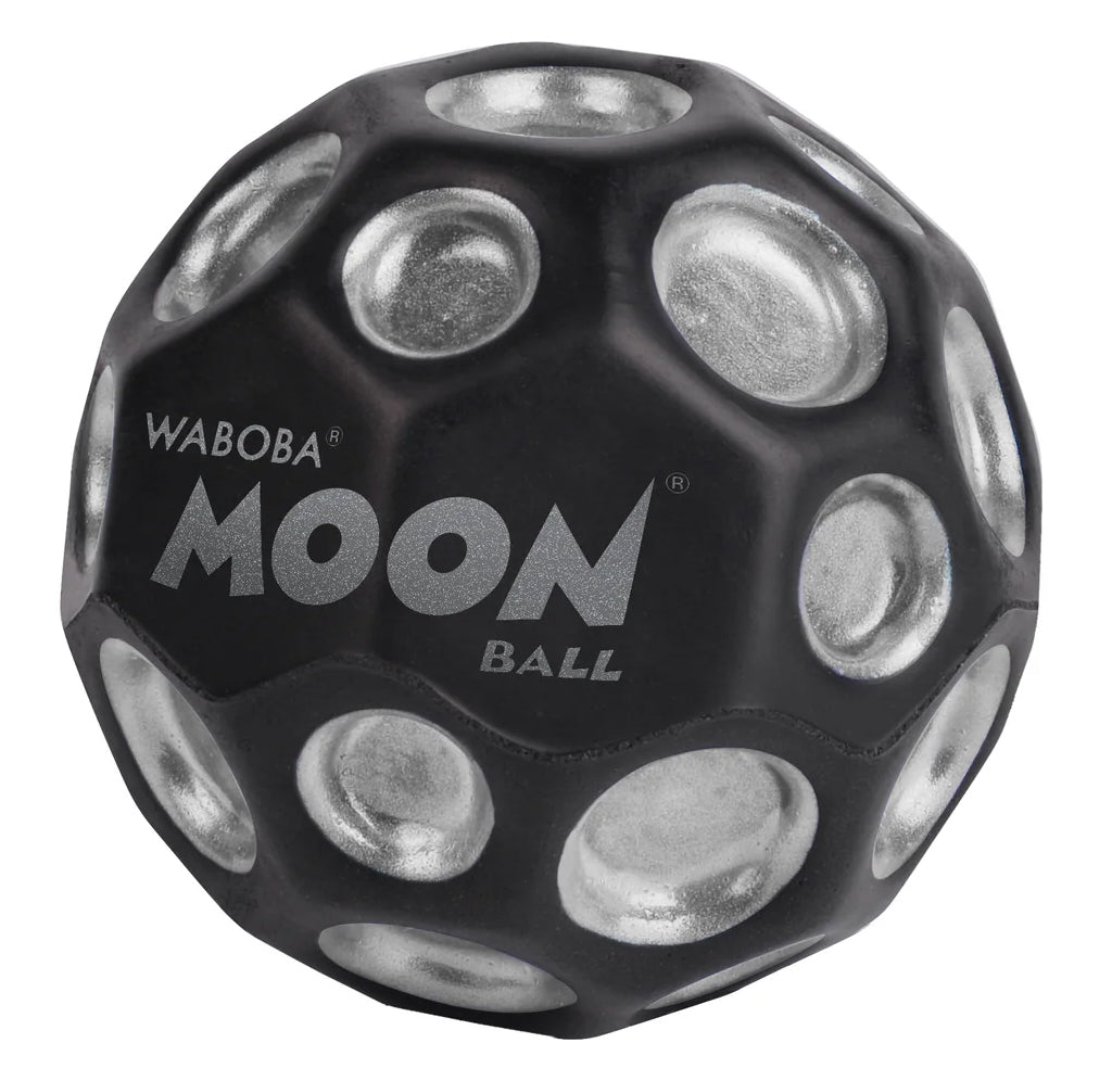 Black and silver Waboba Moon Ball on a white background