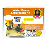 Water Power Experiment Kit box by STEAM STEM EDUCATION, featuring an orange and white packaging design with a photo of a light bulb experiment and product details.