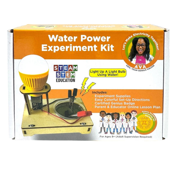 Water Power Experiment Kit box by STEAM STEM EDUCATION, featuring an orange and white packaging design with a photo of a light bulb experiment and product details.