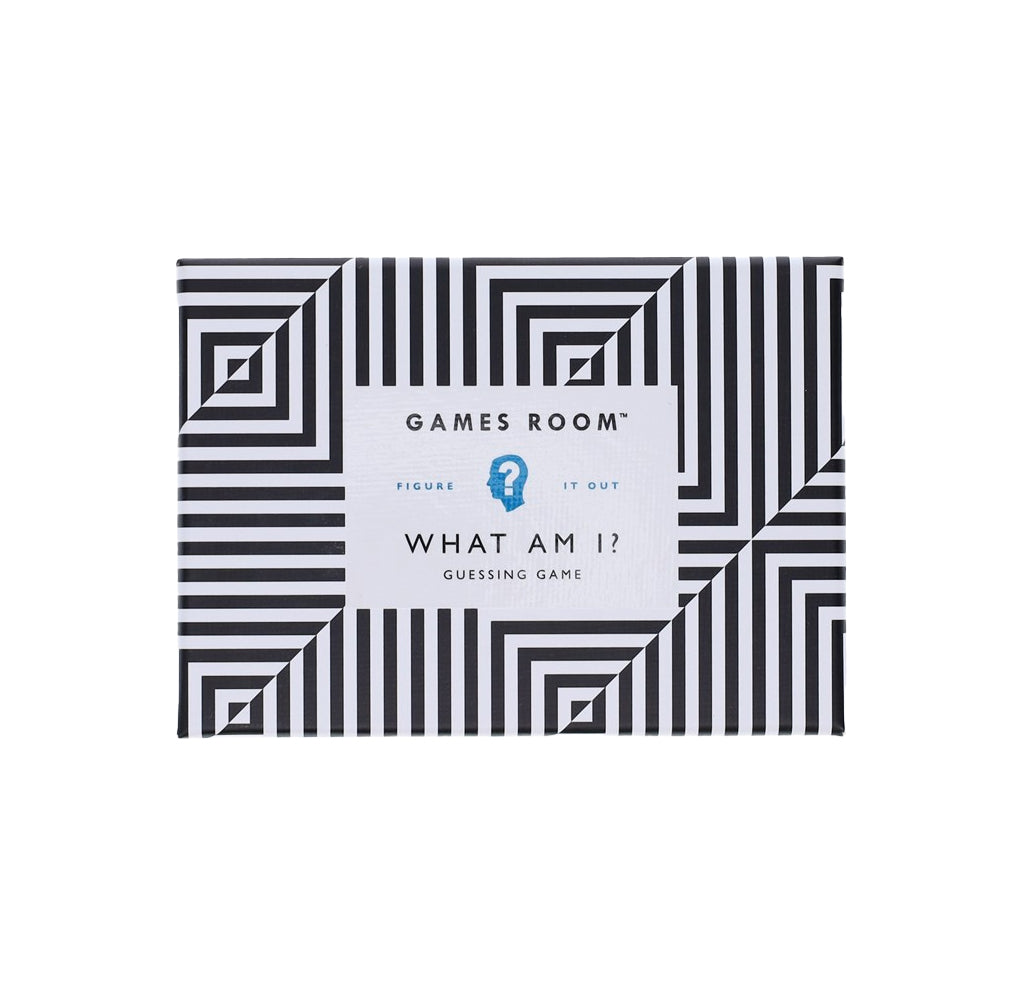 Games Room 'What Am I?' guessing game box featuring a black and white geometric pattern with a white central label.