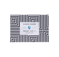 Games Room 'What Am I?' guessing game box featuring a black and white geometric pattern with a white central label.