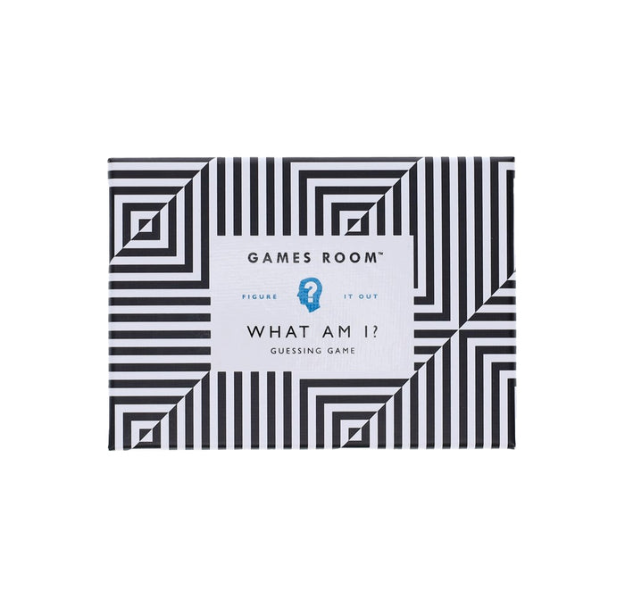 Games Room 'What Am I?' guessing game box featuring a black and white geometric pattern with a white central label.