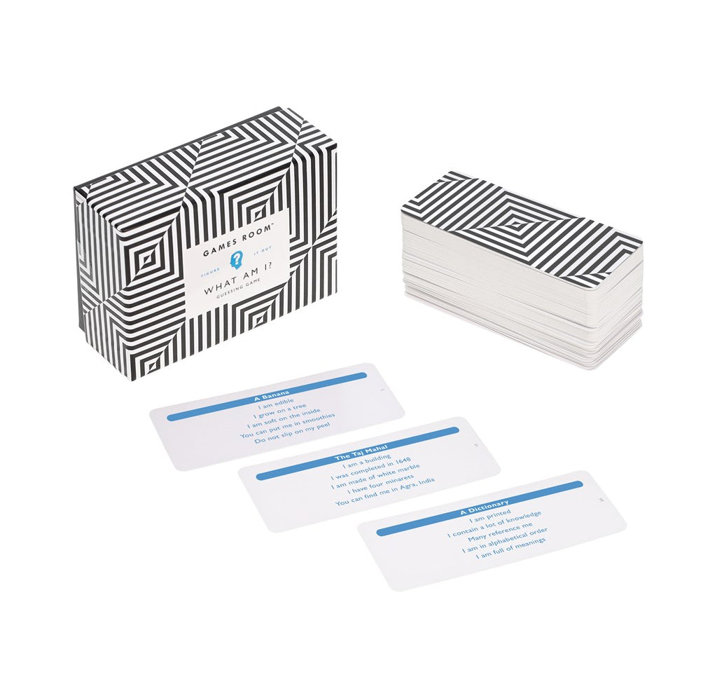 A deck of cards with a black and white geometric patterned box, a stack of cards, and four individual cards displayed on a clean white background. 