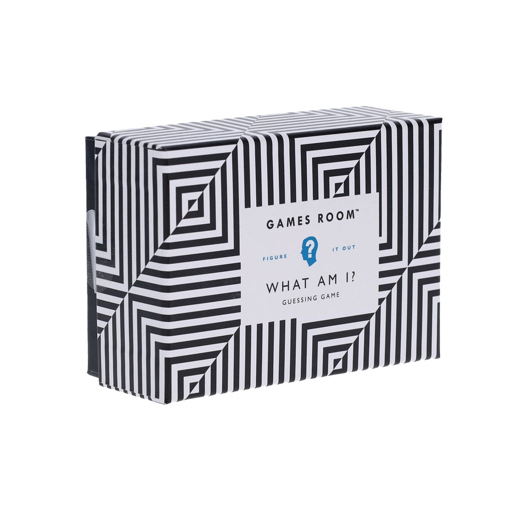 Games Room 'What Am I?' guessing game box featuring a black and white geometric pattern with a white label in the center.