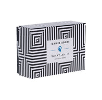 Games Room 'What Am I?' guessing game box featuring a black and white geometric pattern with a white label in the center.