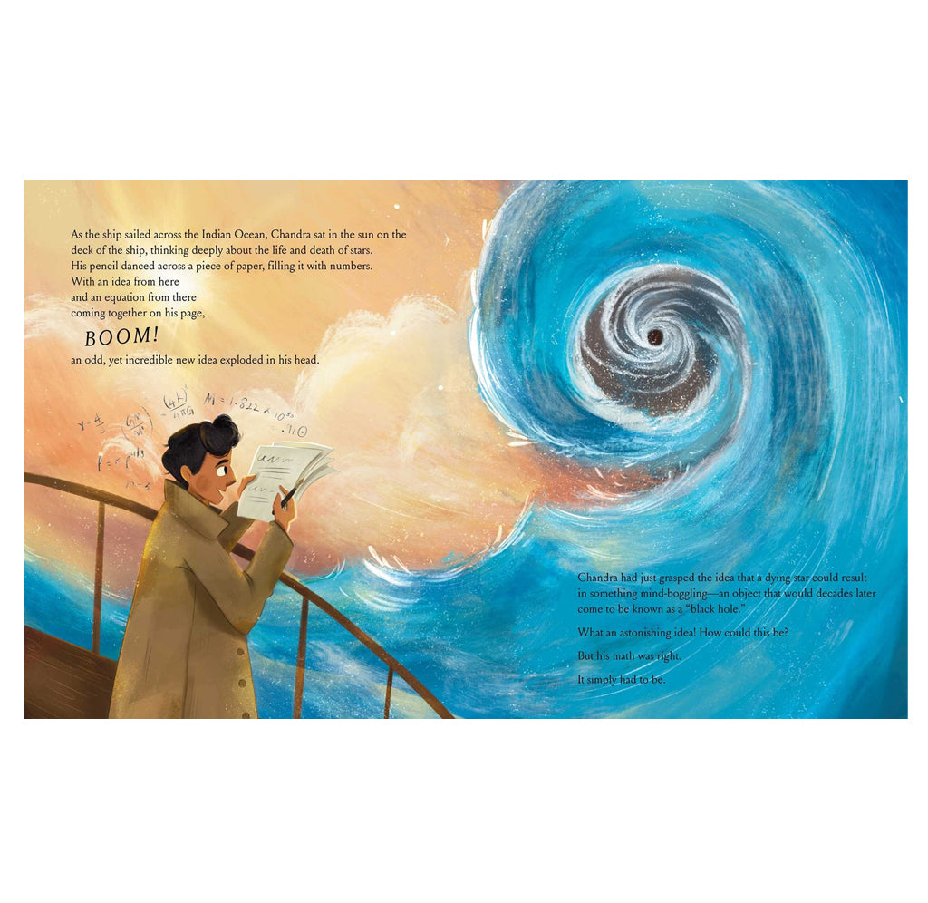 Illustration of a person on a ship with a swirling vortex and text