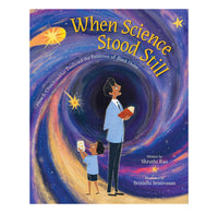 Book cover of 'When Science Stood Still' with a stylized illustration of a woman and child holding books against a cosmic background.