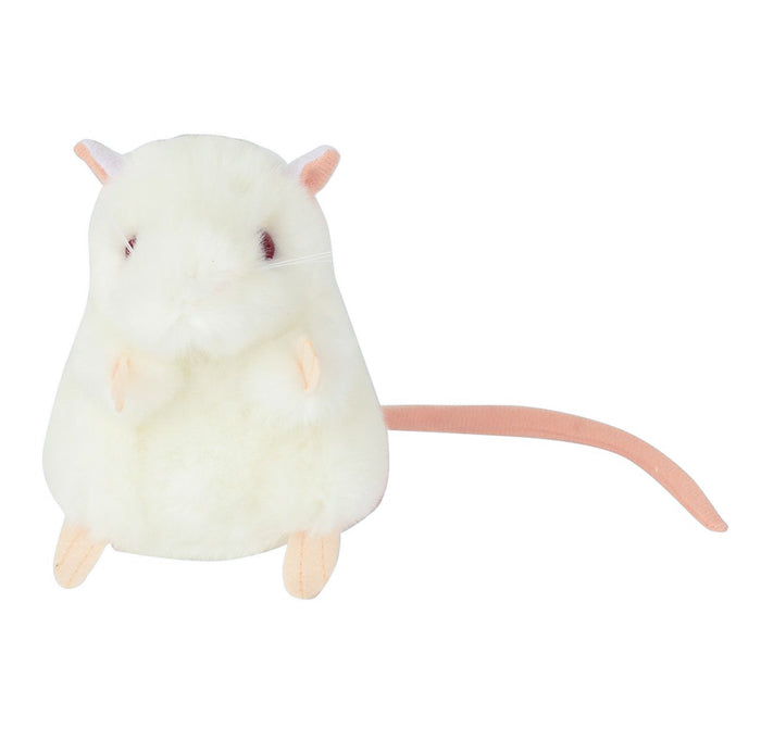 A plush white mouse toy with pink inner ears, pink eyes, and a long pink tail, shown on a plain white background.