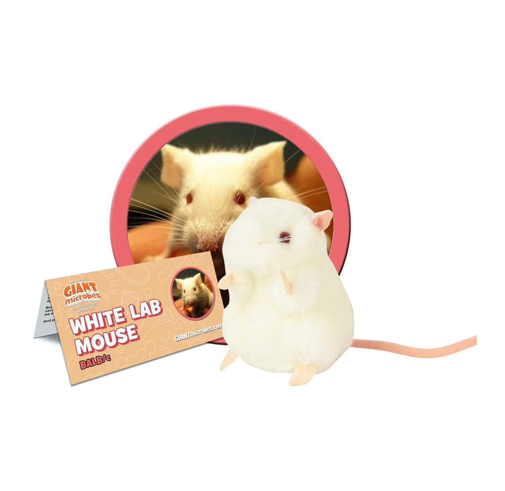 A white plush lab mouse toy with a long tail, shown in front of a round pink sign featuring a real white lab mouse and a tan product card labeled 'GIANT WHITE LAB MOUSE'.