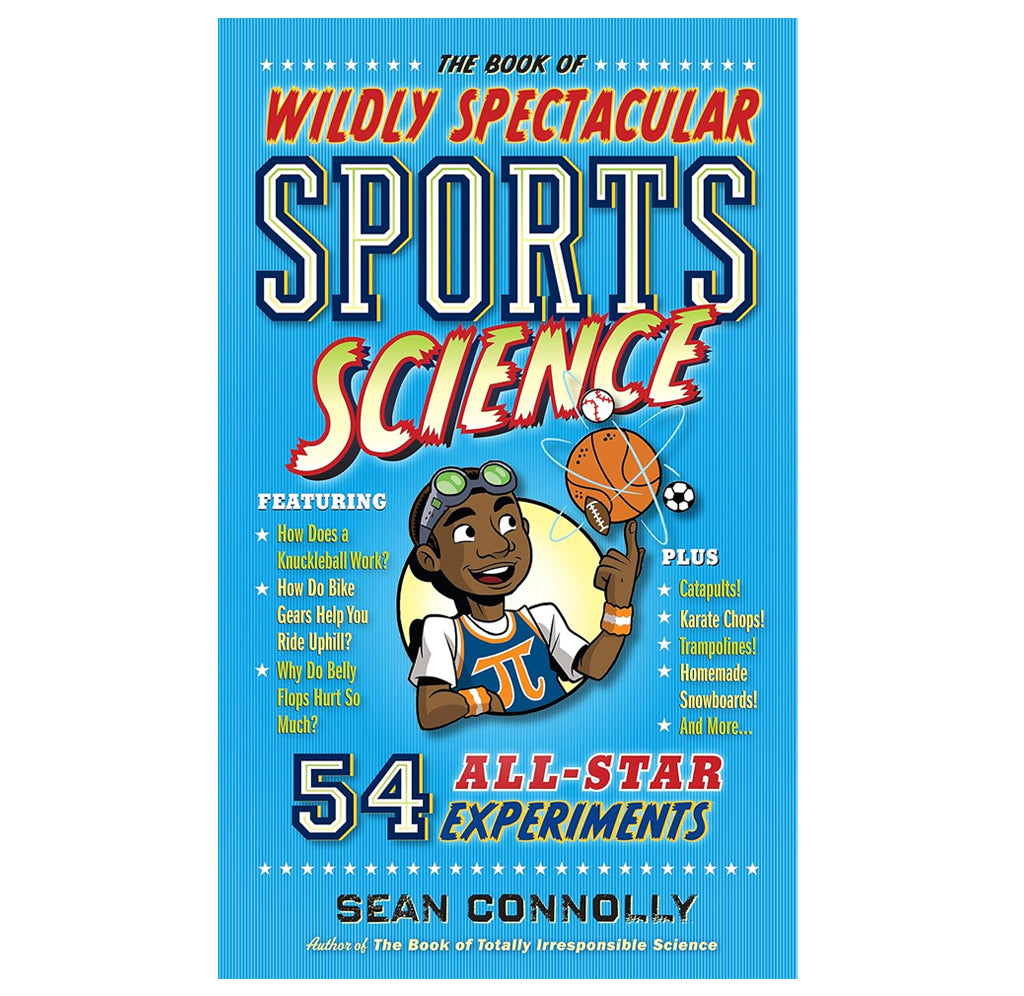 Book cover of 'The Book of Wildly Spectacular Sports Science' with a colorful design and cartoon character.