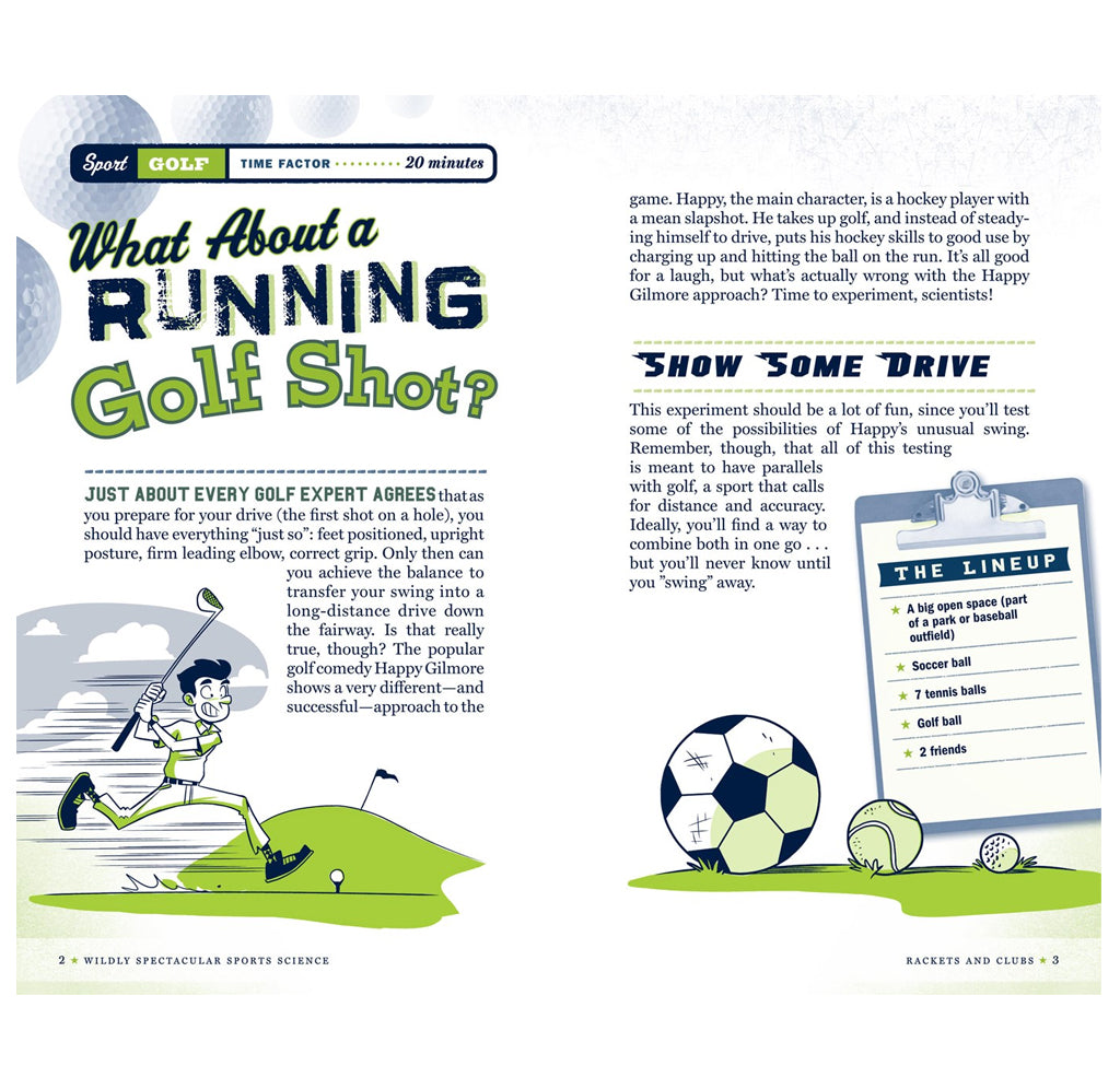 Golf-themed magazine article with a cartoon character and sports equipment illustration.