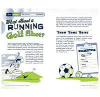 Golf-themed magazine article with a cartoon character and sports equipment illustration.