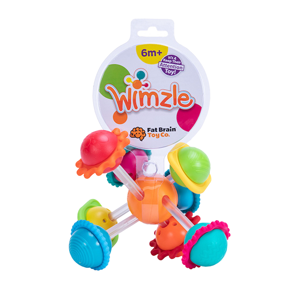 Colorful Wimzle baby sensory toy on packaging marked for ages 6 months and up, with bright textured pieces in a playful, cheerful design.