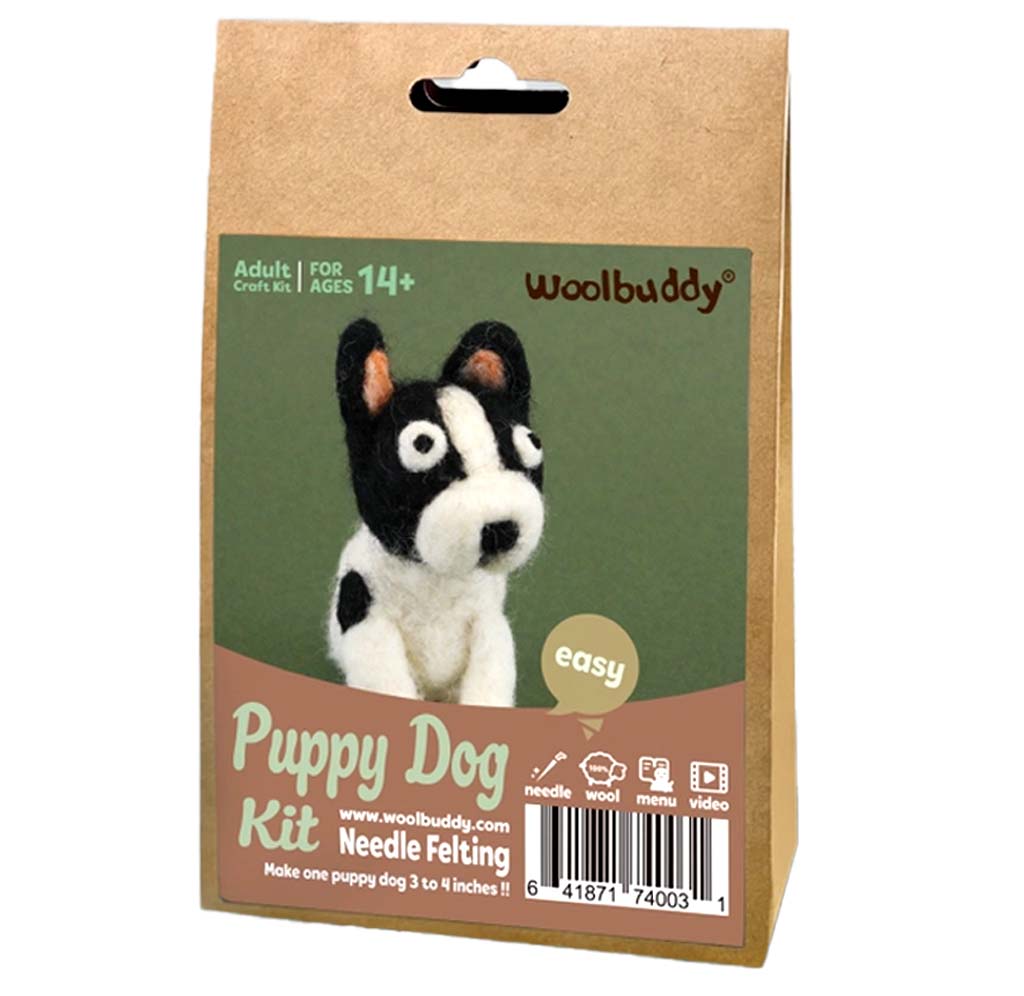 Woolbuddy Puppy Dog Needle Felting Kit in a brown kraft paper hanging bag with a green and brown front label showing a puppy dog illustration.