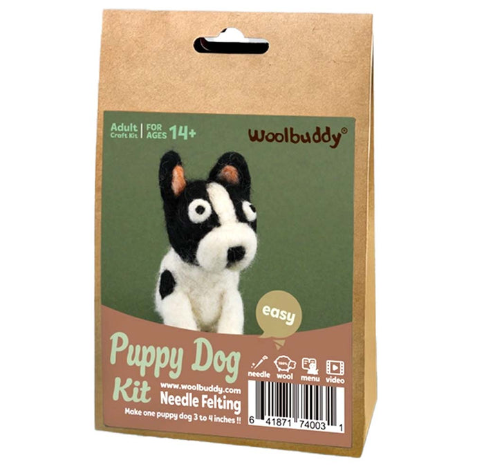 Woolbuddy Puppy Dog Needle Felting Kit in a brown kraft paper hanging bag with a green and brown front label showing a puppy dog illustration.