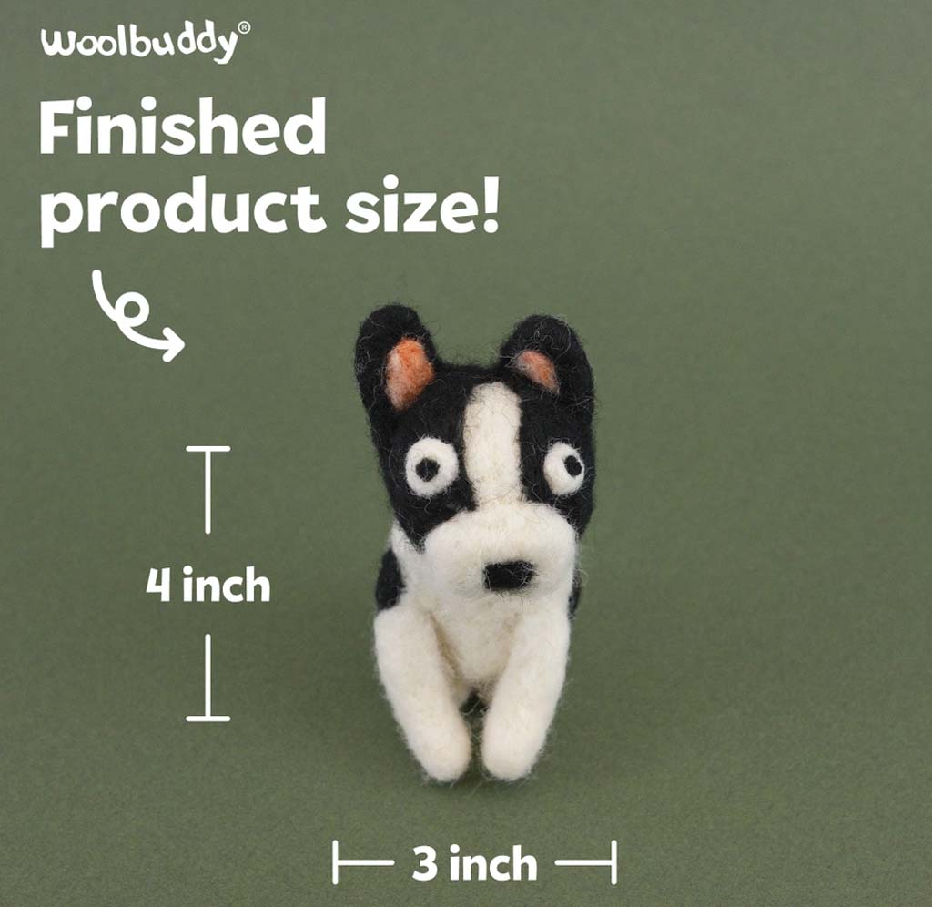 A small felt pet dog toy labeled Woolbuddy is centered on an olive green background with text showing finished product size: 4 inch tall and 3 inch wide.