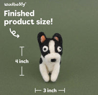 A small felt pet dog toy labeled Woolbuddy is centered on an olive green background with text showing finished product size: 4 inch tall and 3 inch wide.