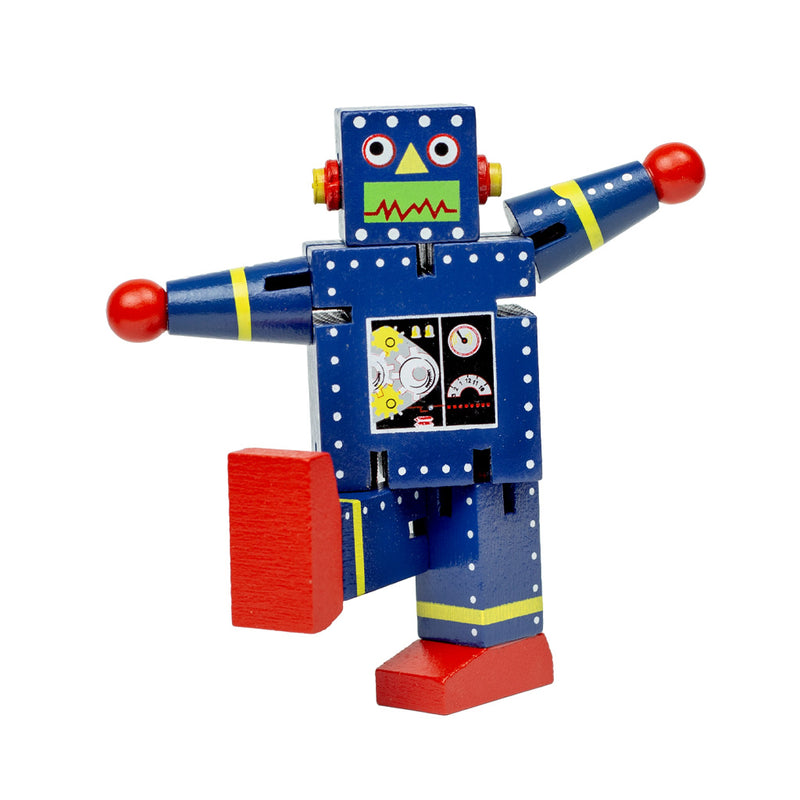 Colorful blue toy robot on a white background