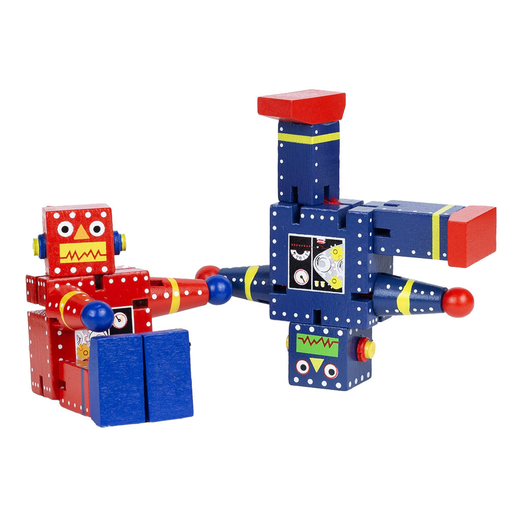 A red and a blue toy robot made of interlocking blocks on a white background