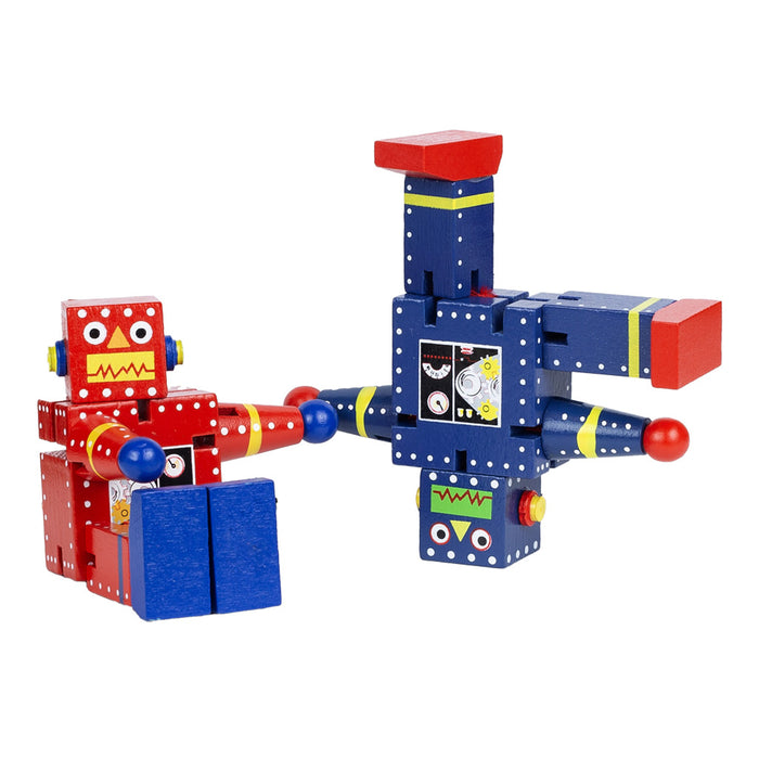 A red and a blue toy robot made of interlocking blocks on a white background