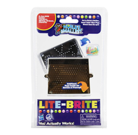 Blister-packaged Lite-Brite peg art toy with a black light-up board, colorful pegs, and retro branding; bright, playful packaging on a white background.