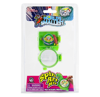Packaged “World’s Smallest” Spin Art Kit with a bright green miniature spinner, colorful branding, and a hand demonstrating its use; playful craft toy.