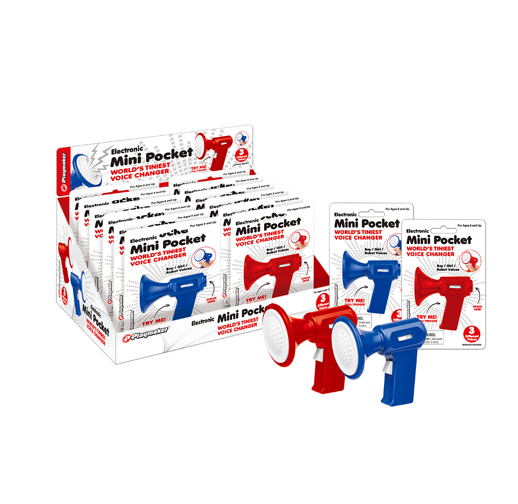 Product photo of red and blue Electronic Mini Pocket voice changer megaphones beside branded boxes, presenting a playful children’s toy.