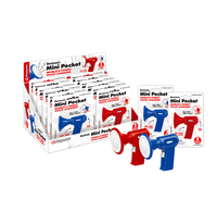 Product photo of red and blue Electronic Mini Pocket voice changer megaphones beside branded boxes, presenting a playful children’s toy.