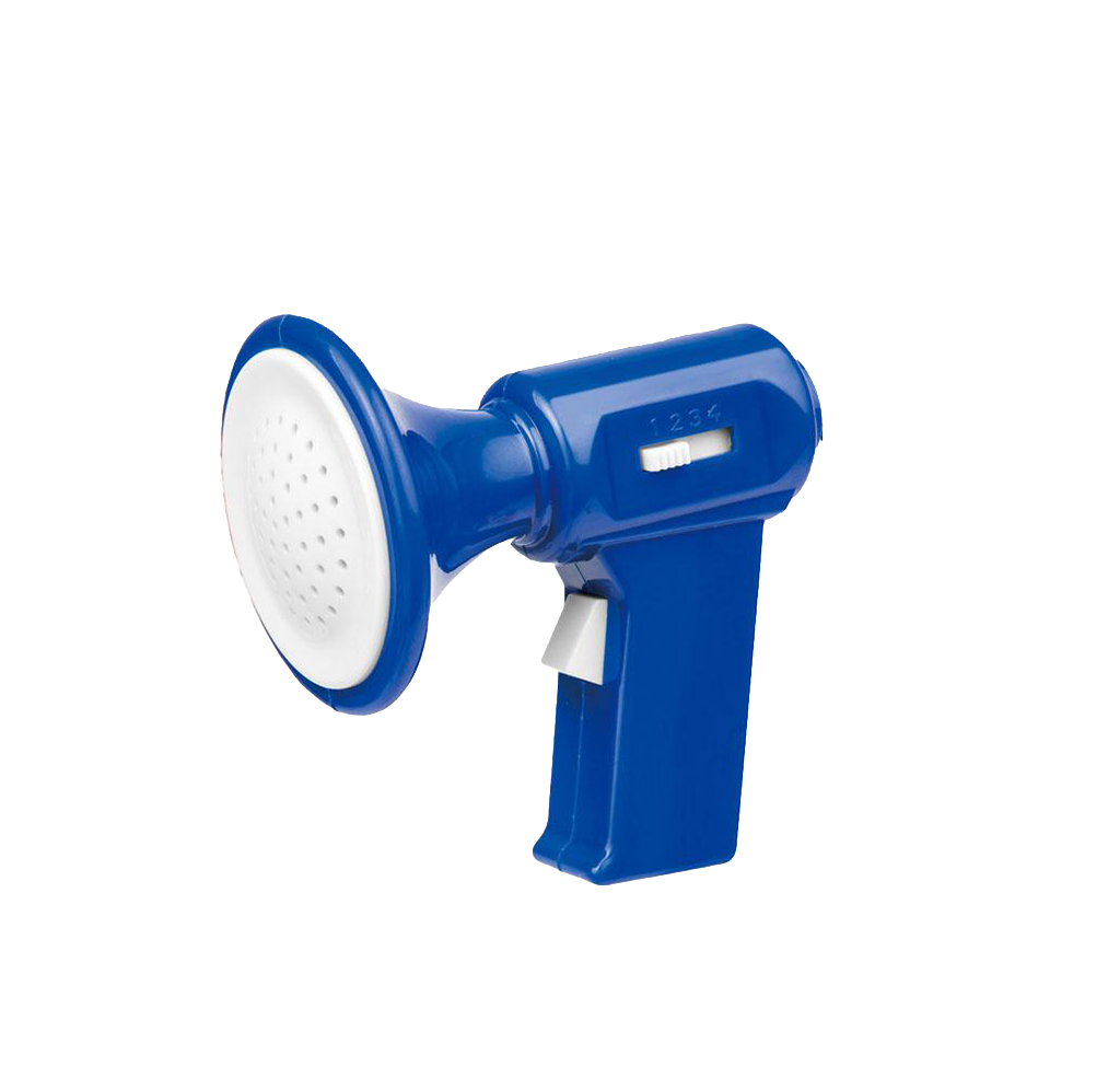 A blue handheld voice changer with a white perforated speaker, shown on a plain white background.