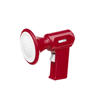 A red handheld voice changer with a white perforated speaker, shown on a plain white background.