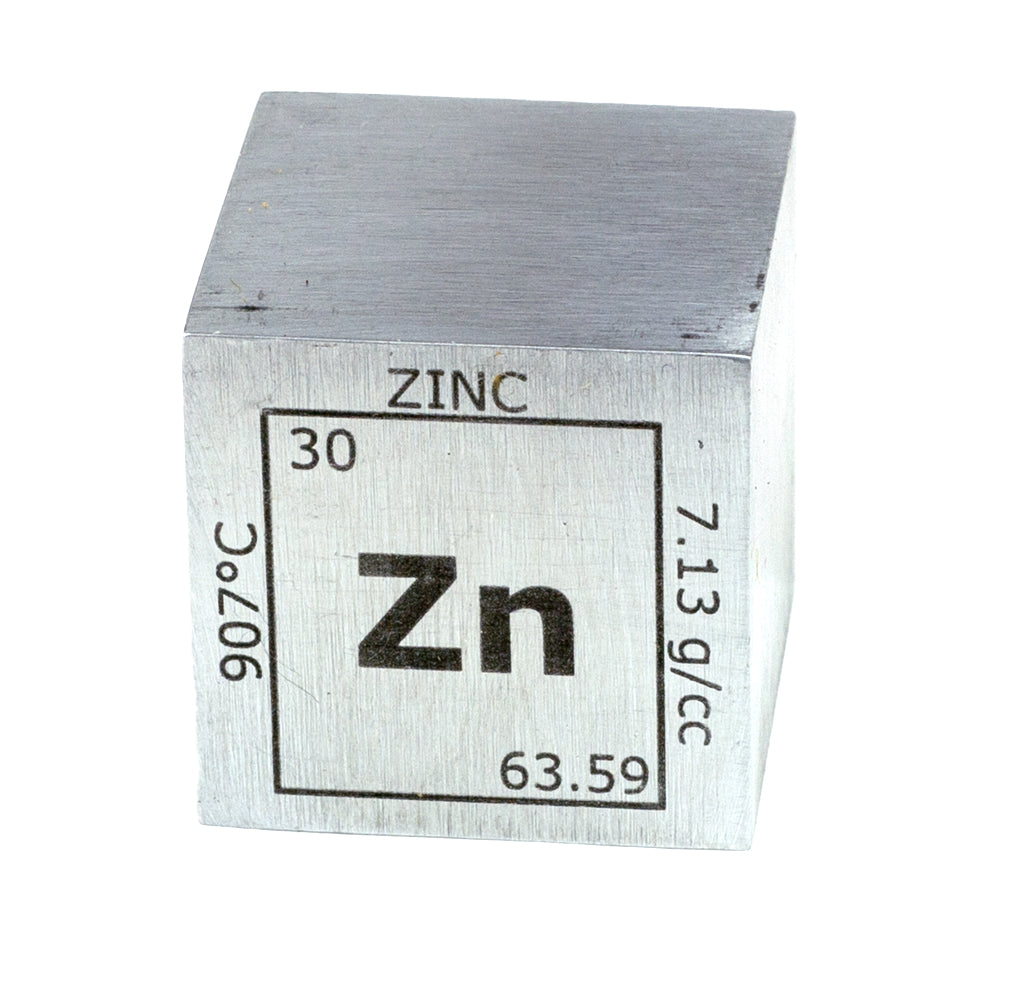 Metal cube with zinc label on a white background