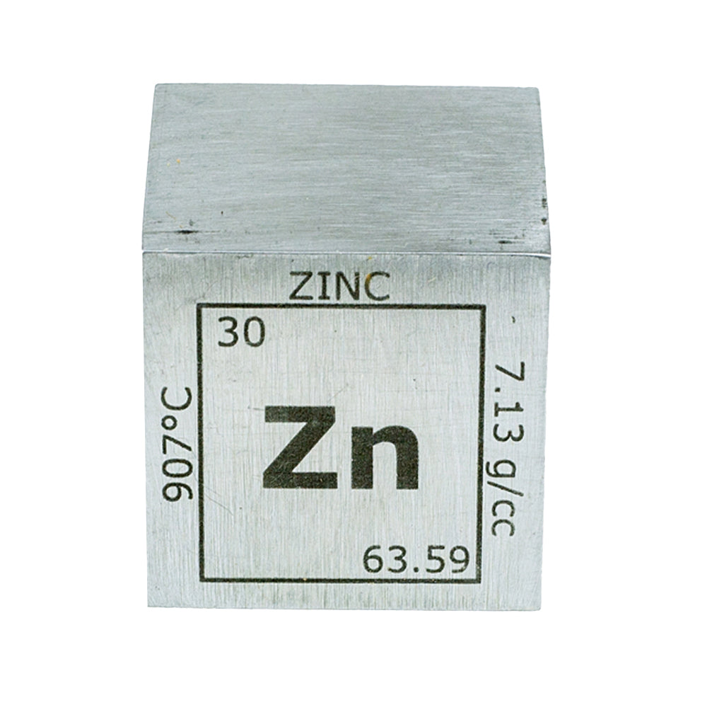 Zinc metal cube with periodic table information on a white background