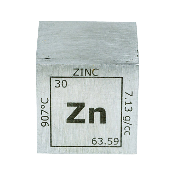 Zinc metal cube with periodic table information on a white background