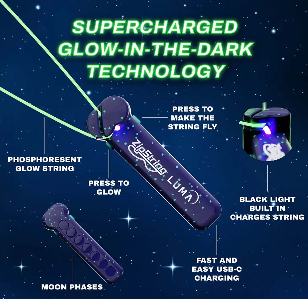  A glowing loop of Ultra-Glow phosphorescent string floating suspended in mid-air, propelled by a handheld ZipString Luma device.