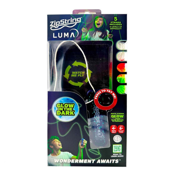  Official ZipString Luma retail packaging displaying the compact device, 3 UV reactive neon strings, 2 ultra-glow strings, and a USB-C charging cord.