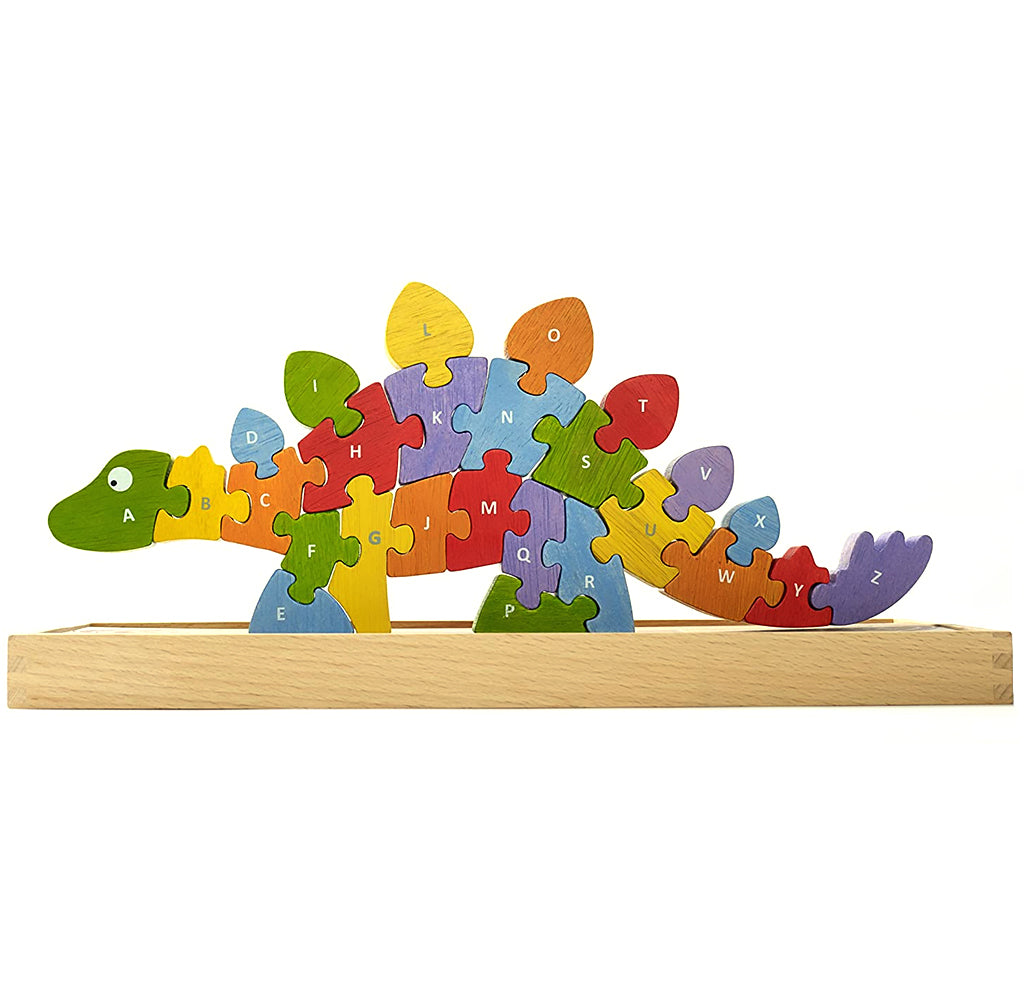 A colorful wooden stegosaurus is a standing upright puzzle with the alphabet letters on each puzzle piece—the letter A on the head to Z at the tip of the tail.