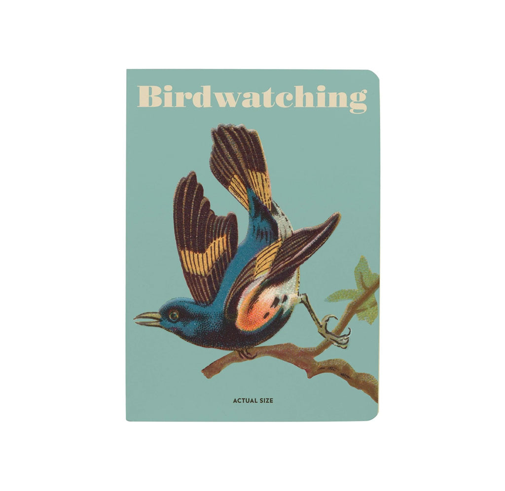 Blue notebook with title "Birdwatching" and an image of a bird standing on a branch