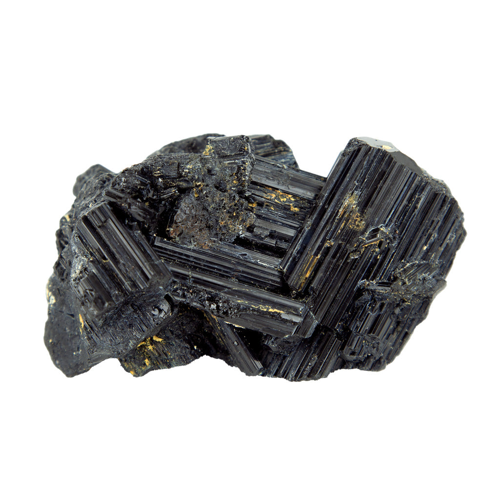 A black mineral specimen on a white background